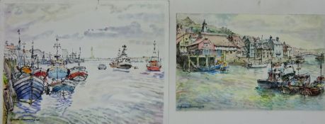 'Cobles in the Outer Harbour Whitby' and 'Lifeboat Station & Bridge at Whitby' pair ink and