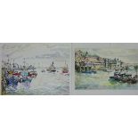 'Cobles in the Outer Harbour Whitby' and 'Lifeboat Station & Bridge at Whitby' pair ink and