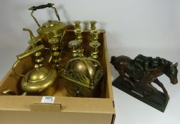 Brass lantern clock, Victorian brass gypsy kettle, brass candle sticks,
