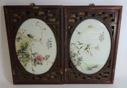 Pair of 19th/ early 20th Century Chinese polychrome ceramic panels with signature panels,