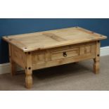 Rustic pine rectangular coffee table with drawer, 100cm x 60cm,