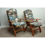 Pair 'Bohor' stained beech folding garden reclining sun loungers/chairs with loose cushions,