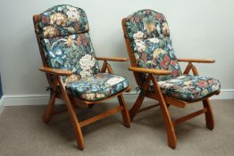 Pair 'Bohor' stained beech folding garden reclining sun loungers/chairs with loose cushions,