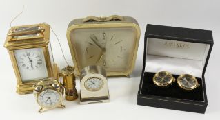 Miniature brass carriage clock, two other miniature clocks, pair cufflinks styled as watches,