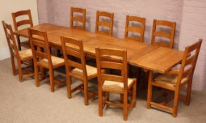 Large rustic farmhouse oak refectory dining table with two drawers and two additional leaves (87cm