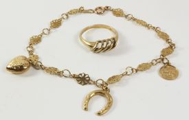 Gold bracelet with horseshoe charm stamped 9ct and a 9ct gold ring hallmarked approx 6gm