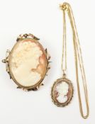 Cameo pendant necklace hallmarked 9ct and a cameo brooch stamped 9ct Condition Report