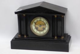 19th century black slate mantel clock, architectural case,