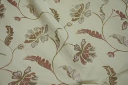 Pair lined curtains, pale gold with raised trailing floral pattern, with rail, W167cm,