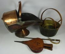 Copper coat scuttle, brass jam pans, fire irons,