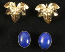Pair of lapis lazuli gold mounted ear-rings hallmarked 9ct and a pair of gold leaf ear-rings