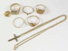 Gold rings, locket, cross pendant necklace all hallmarked 9ct or tested approx 12.