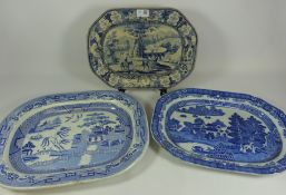 19th Century blue and white meat with rural continental scene and two other 19th Century meat
