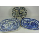 19th Century blue and white meat with rural continental scene and two other 19th Century meat