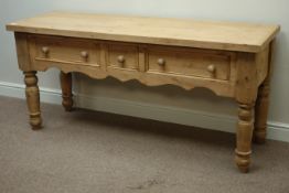 Traditional pine three drawer dresser base, 167cm, H78cm,