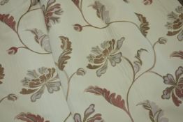 Pair lined curtains, pale gold with raised trailing floral pattern, with rail, W116cm,