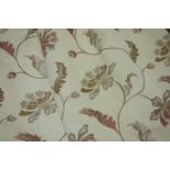 Pair lined curtains, pale gold with raised trailing floral pattern, with rail, W116cm,