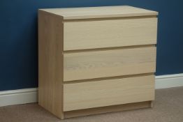 Light oak finish three drawer chest, W80cm, H78cm,