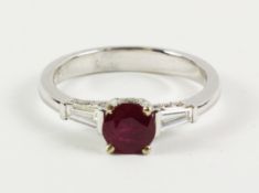 Round ruby white gold ring with baguette diamond shoulders and diamond sides stamped K18