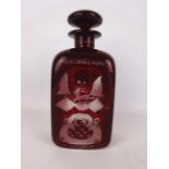 Bohemian red glass decanter and stopper etched with deer & church,