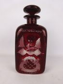 Bohemian red glass decanter and stopper etched with deer & church,