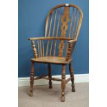 19th century elm and ash Windsor armchair, double hoop, stick and fret work splat back,