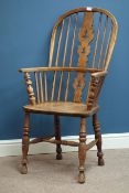 19th century elm and ash Windsor armchair, double hoop, stick and fret work splat back,