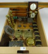 Postage scales, brass candle sticks, labelled letter rack,