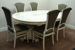 Italian inlaid marbled style oval dining table, on twin quatrefoil concave pedestals (199cm x 129cm,