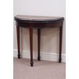 20th century demi-lune fold over top card table, pull out base, W38cm,