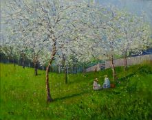 Picnic in the Orchard, oil on canvas signed by Barry Hilton (1941-),