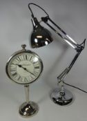 Chrome desk lamp and similar clock (2) (This item is PAT tested - 5 day warranty from date of sale)
