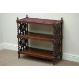 19th century figured mahogany three tier trolley, fret work and carved, with barley twist supports,
