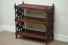 19th century figured mahogany three tier trolley, fret work and carved, with barley twist supports,