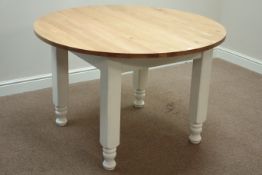 Circular light oak dining table on turned painted base, D120cm,