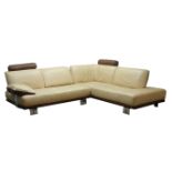 Large two tone brown and cream leather corner sofa, W270cm,