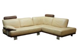 Large two tone brown and cream leather corner sofa, W270cm,