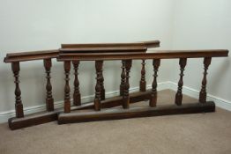 19th century oak altar rails, turned supports with centre hinged rail, W520cm approx,
