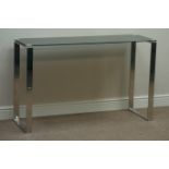 Rectangular chromed metal and smoked glass console table, 120cm x 40cm,