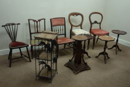 Two 19th century balloon back chairs, three Edwardian chairs, three wine tables,