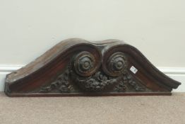 19th century scroll walnut door pediment, carved with flowers and ribbons,