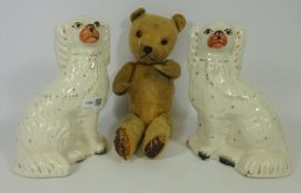 Pair Victorian Staffordshire Dogs & a gold plush straw filled Teddy Bear (3) Condition