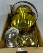 Silver plated biscuit barrel, brass jam pan, brass skimmer, brass inkwell, candle stick,