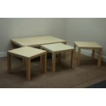 Light wood rectangular coffee table (118cm x 79cm) and three matching lamp tables (4)
