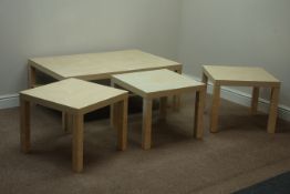 Light wood rectangular coffee table (118cm x 79cm) and three matching lamp tables (4)