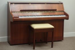 Bentley upright piano iron framed and overstrung in teak case with stool, W139cm, H100cm,