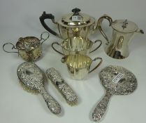 Hallmarked silver three piece dressing table set, early 20th Century silver plated tea set,