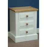 White painted three drawer pedestal chest with light oak top, W53cm, H70cm,