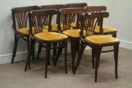 Set eight mid to late 20th century bentwood stained beech chairs, curved back supports,