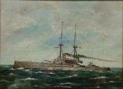 'H.M.S Vanguard', ship portrait oil on board unsigned 28.5cm x 39cm
